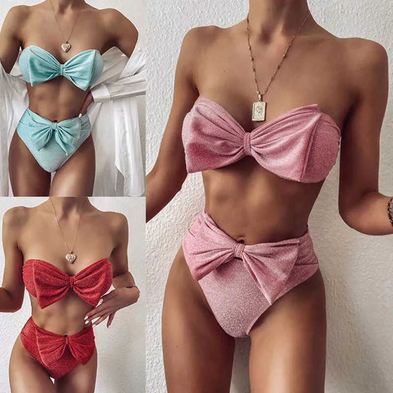 S-L Sexy Solid Color Bow Decoration Tankini Two-piece Swimwear Sets