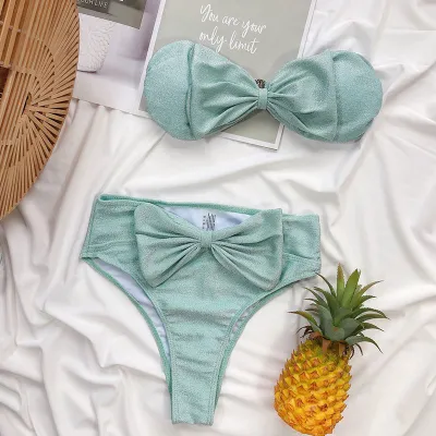 S-L Sexy Solid Color Bow Decoration Tankini Two-piece Swimwear Sets