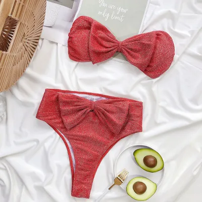 S-L Sexy Solid Color Bow Decoration Tankini Two-piece Swimwear Sets
