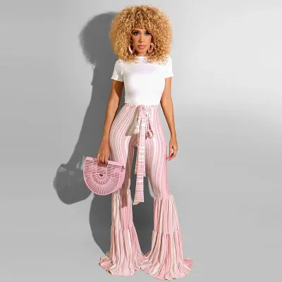 S-XXL Women Striped Sash Flare Trousers Street Style
