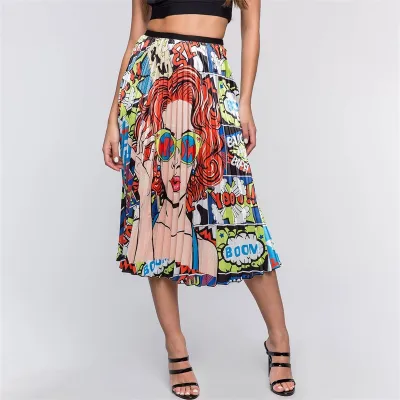 S-XL Women Fashion Character Print Pleated Skirt