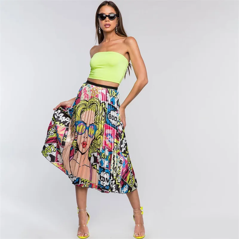 S-XL Women Fashion Character Print Pleated Skirt