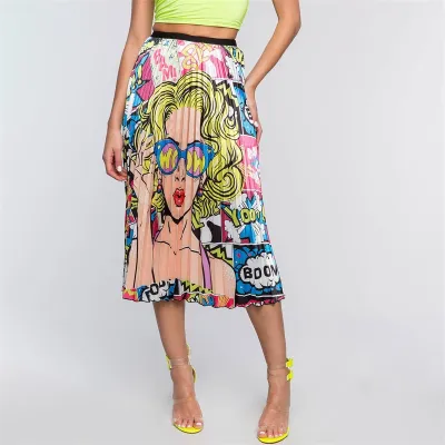 S-XL Women Fashion Character Print Pleated Skirt