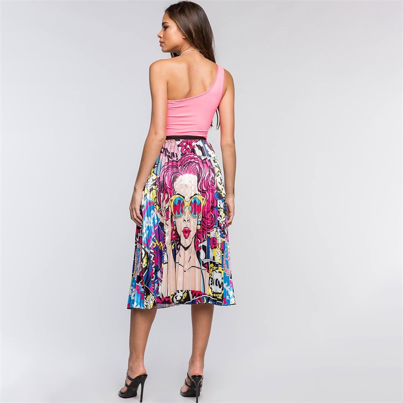 Wholesale S-XL Women Fashion Character Print Pleated Skirt Wholesale S-XL Women Fashion Character Print Pleated Skirt