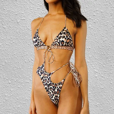 S-XL Women Sexy Leopard Hollow Bandage One-Piece Swimsuit