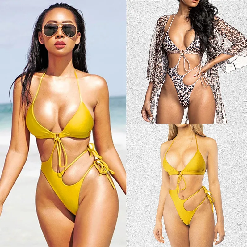 S-XL Women Sexy Leopard Hollow Bandage One-Piece Swimsuit