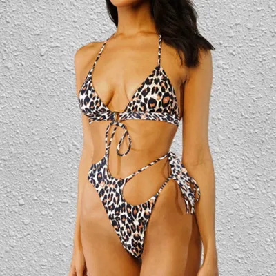 S-XL Women Sexy Leopard Hollow Bandage One-Piece Swimsuit