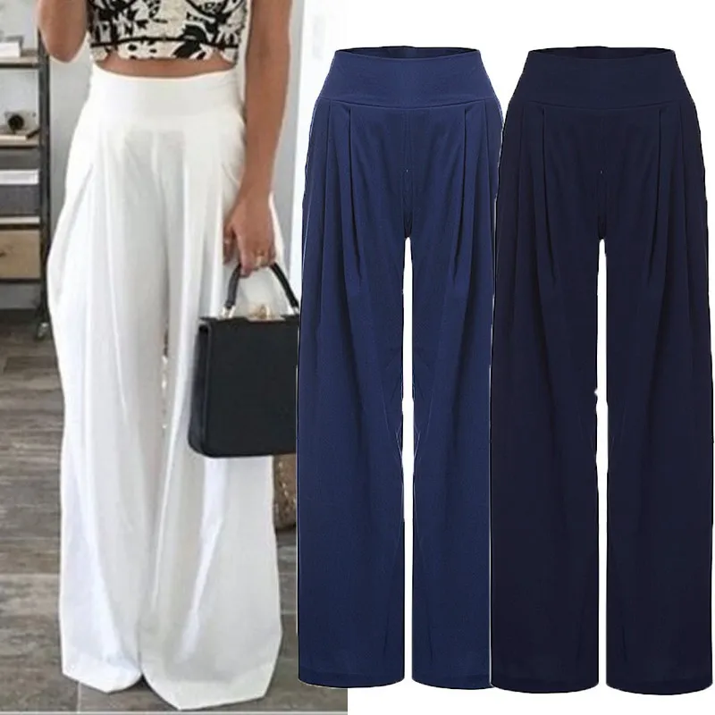 S-3XL Women Casual Wide Leg Trousers Solid Color Urban Leisure Pants