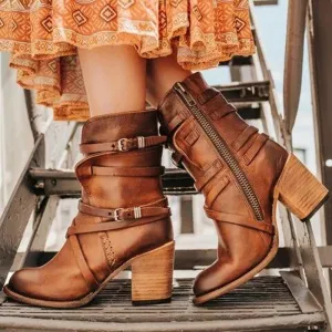 Women Winter Vintage Belted Chunky Heel Knee High Boots Size 4.5-11
