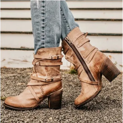 Women Winter Vintage Belted Chunky Heel Knee High Boots Size 4.5-11