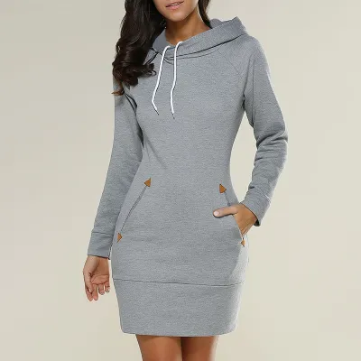 Autumn Winter Women Solid Color Casual Long-sleeve Hooded Dress