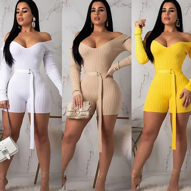 S-XL Off-shoulder Long Sleeve Solid Color Rompers With Belt