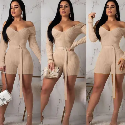 S-XL Off-shoulder Long Sleeve Solid Color Rompers With Belt