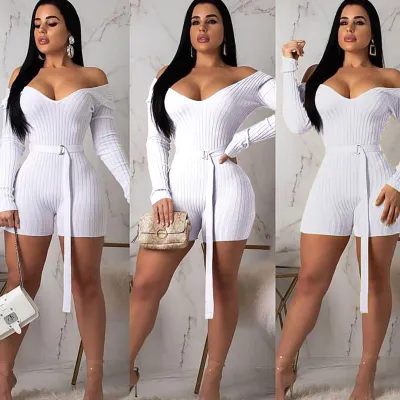S-XL Off-shoulder Long Sleeve Solid Color Rompers With Belt