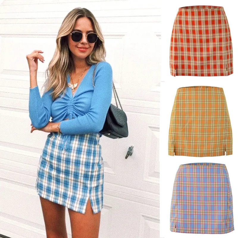 S-XL Fashion New Plaid Print Hem Slit Design Skirts