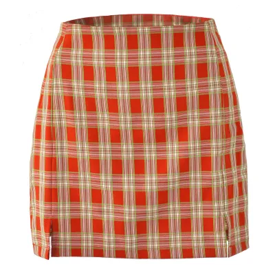 S-XL Fashion New Plaid Print Hem Slit Design Skirts