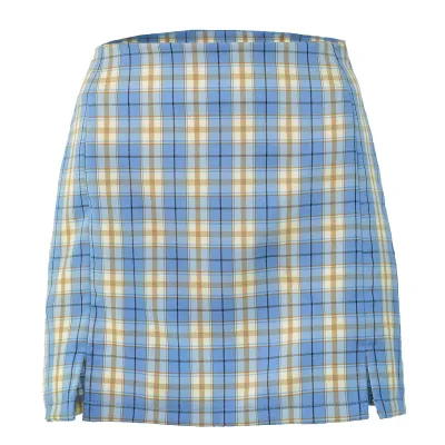 S-XL Fashion New Plaid Print Hem Slit Design Skirts