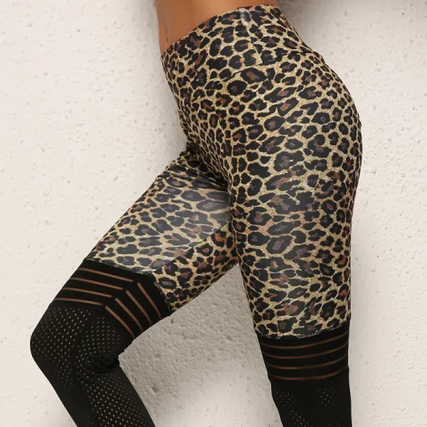 S-XL Leopard Print Stripe Mesh Patchwork Sports Leggings