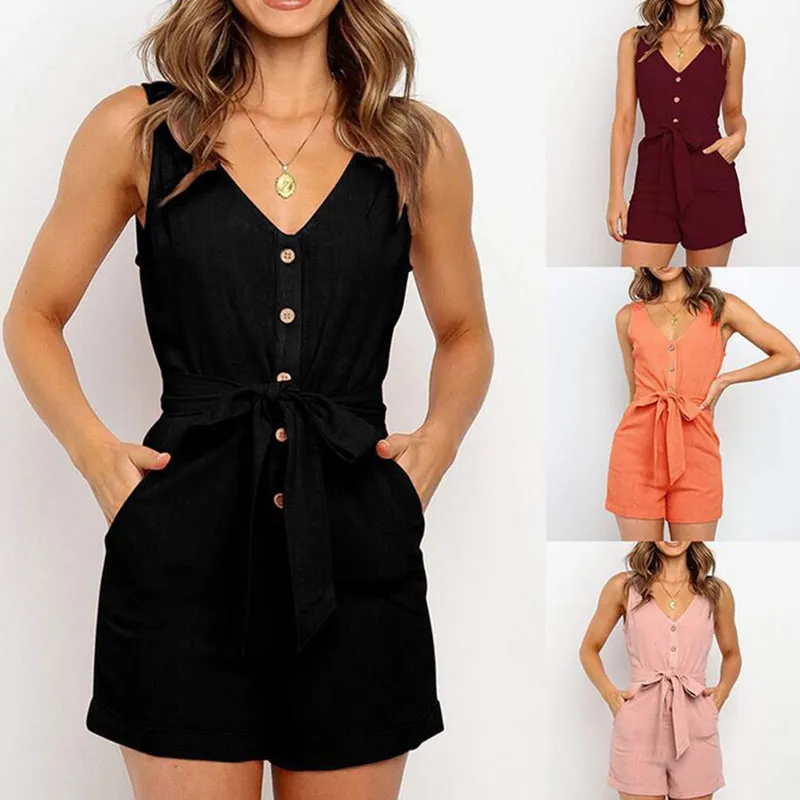S-XL V Neck Cool Shoulder Buttons Slim Fit Belt Decor Women Rompers