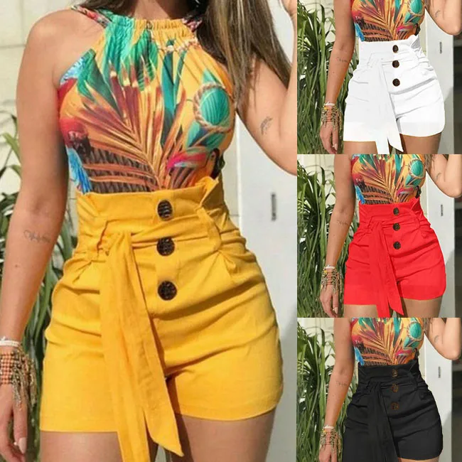 S-5XL Three Buttons Decor High Waist Belt Women Shorts