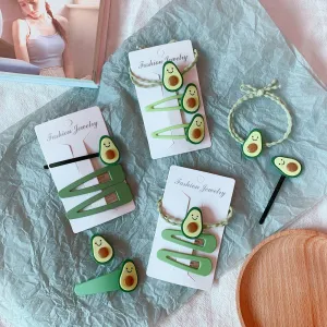 Fashion Avocado Green Hair Clip And Elastic Hair Band Set Unisex Cartoon Fruit Hair Accessories