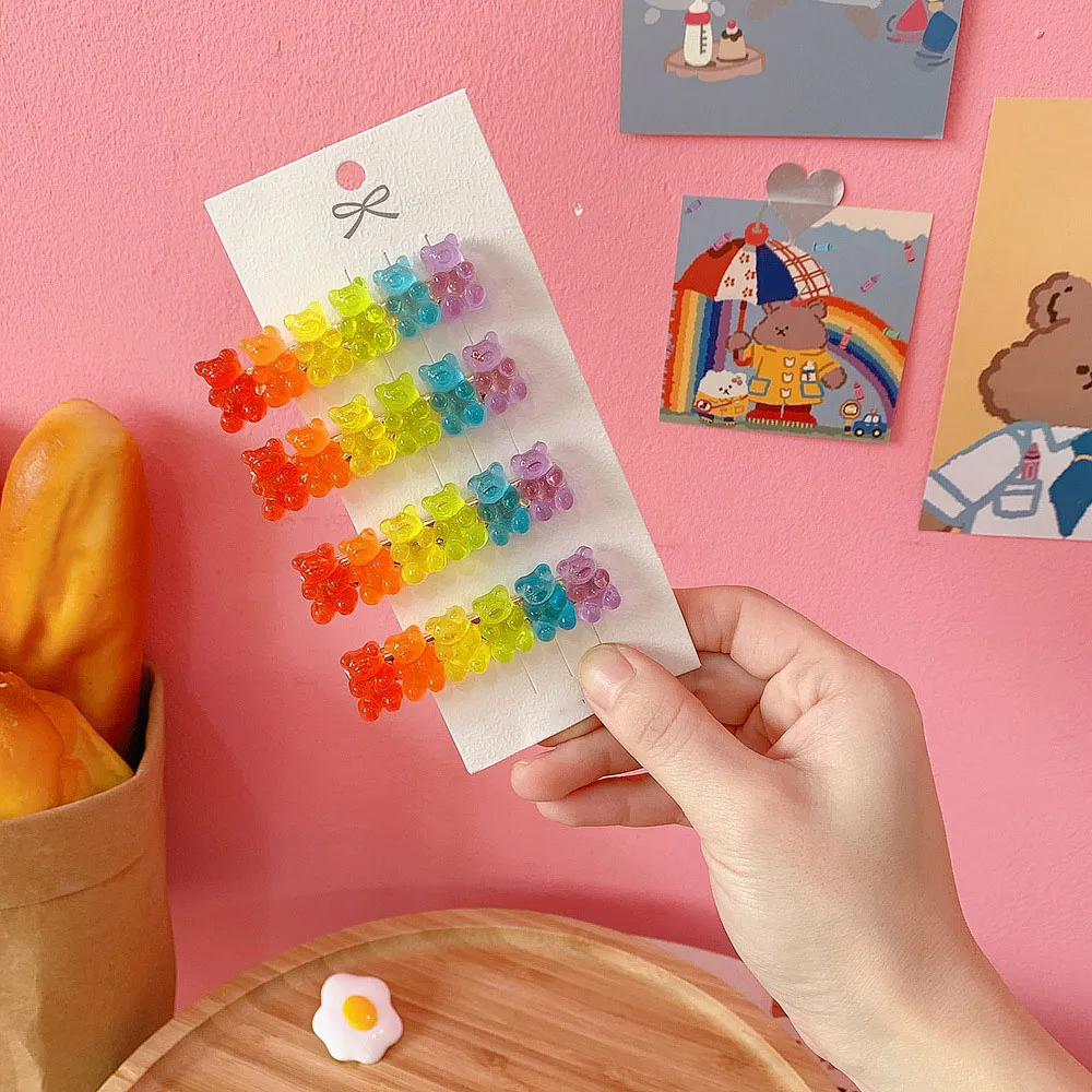 Candy Color Bear Pattern Hair Clip Women's Vintage Plastic Resin Side Clip