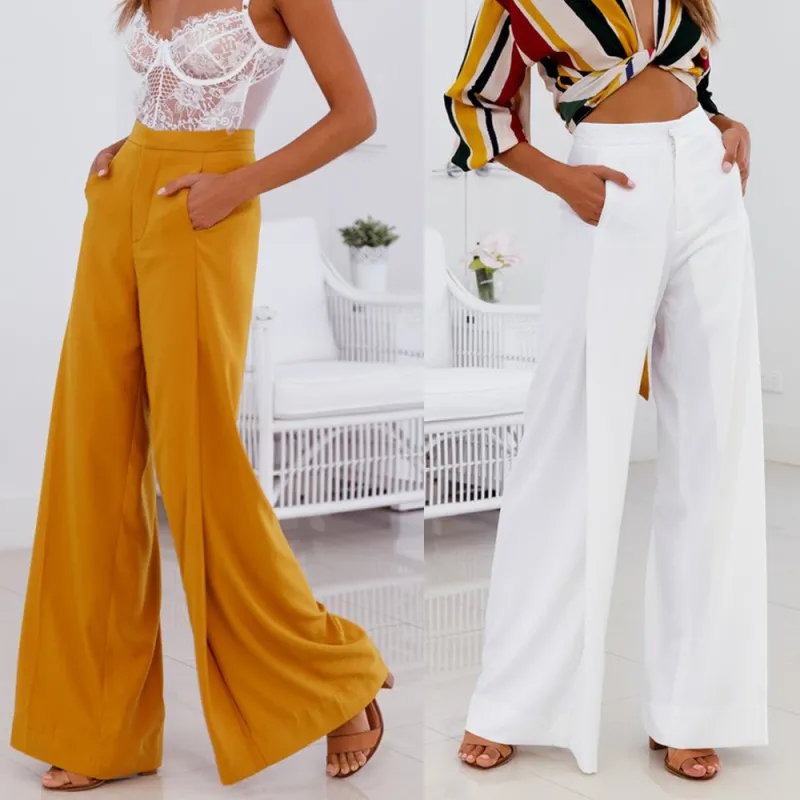 S-XL Fashion High Waist Solid Color Loose Wide Leg Pants