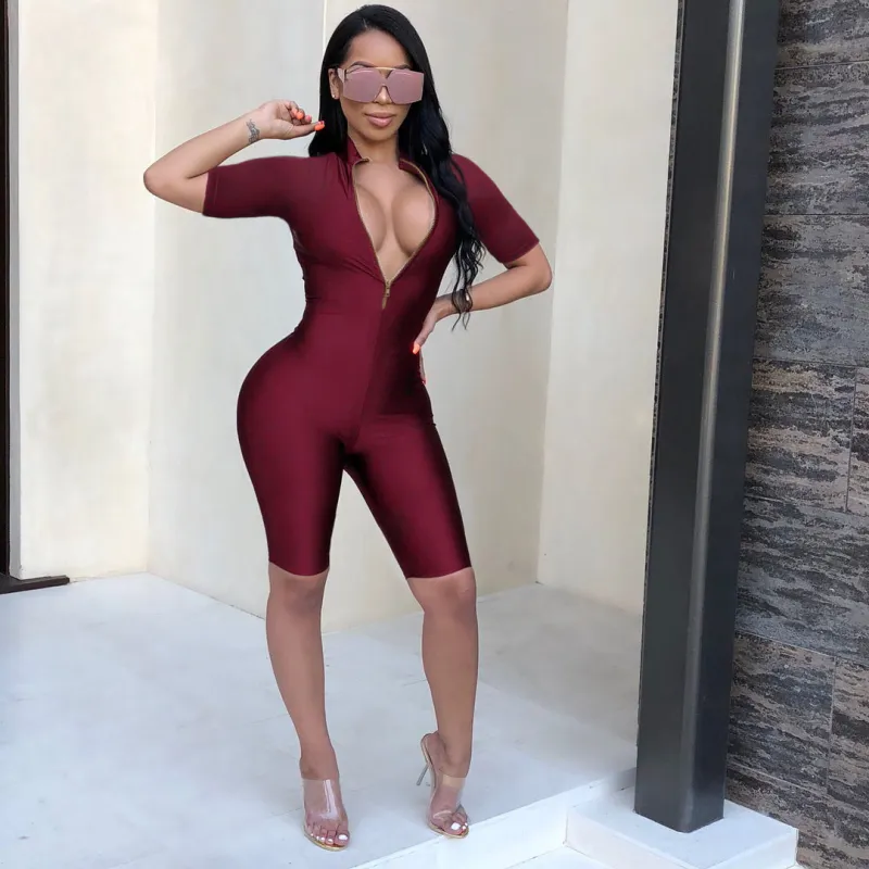 S-XL Women Sexy Skinny Rompers with Zipper Design