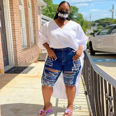 XL-4XL Plus Size Women Knee Length Ripped Denim Shorts