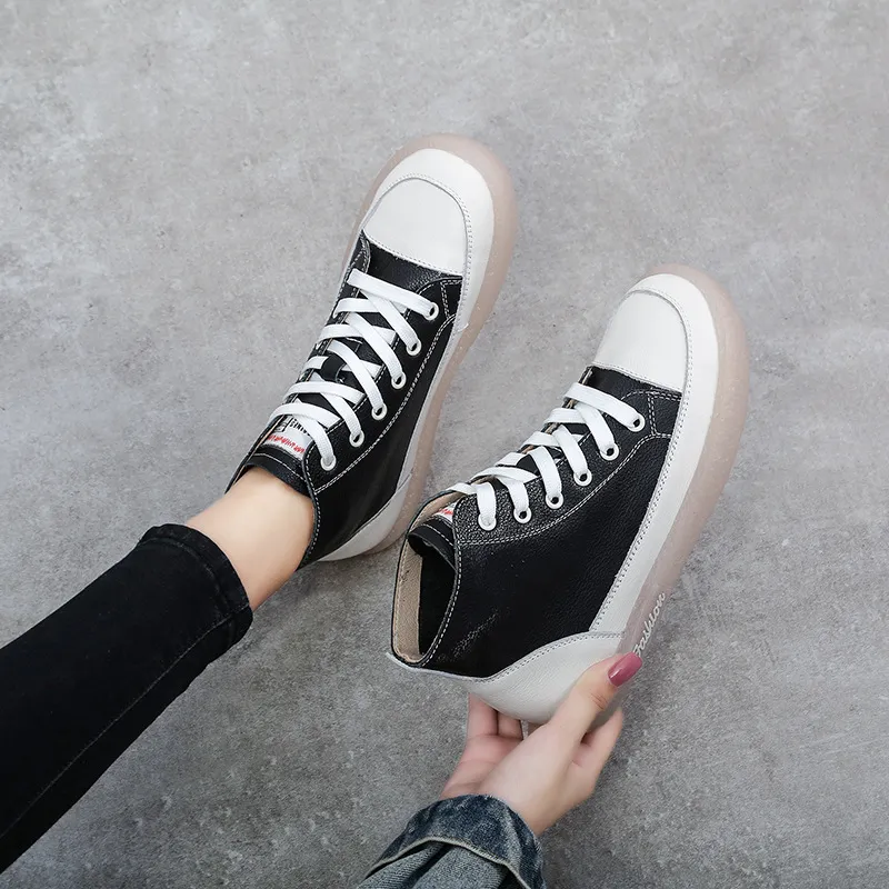 Women Leisure Retro High Top Genuine Leather Flat Sneakers Shoes Size 4.5-9