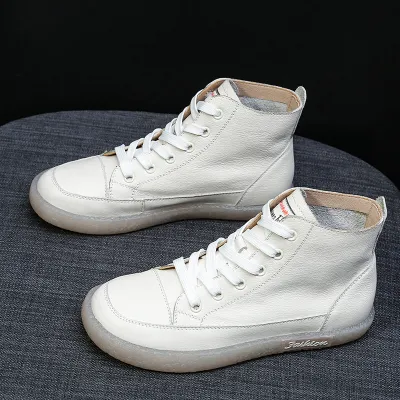 Women Leisure Retro High Top Genuine Leather Flat Sneakers Shoes Size 4.5-9
