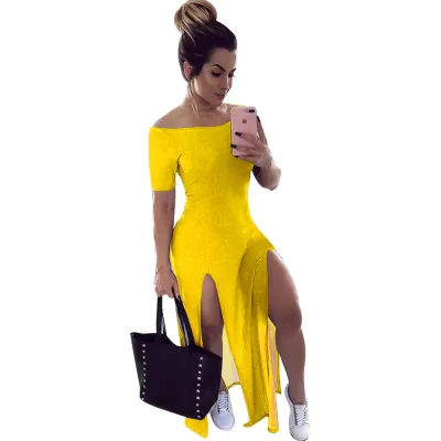S-XXL Women Solid Color Off-Shoulder Split Maxi Dress