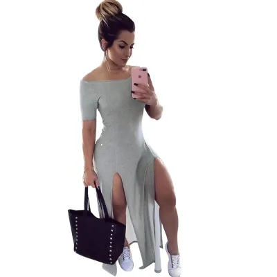 S-XXL Women Solid Color Off-Shoulder Split Maxi Dress