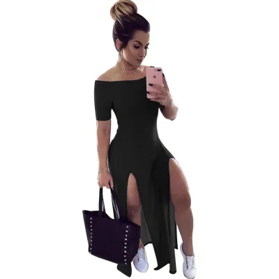 S-XXL Women Solid Color Off-Shoulder Split Maxi Dress