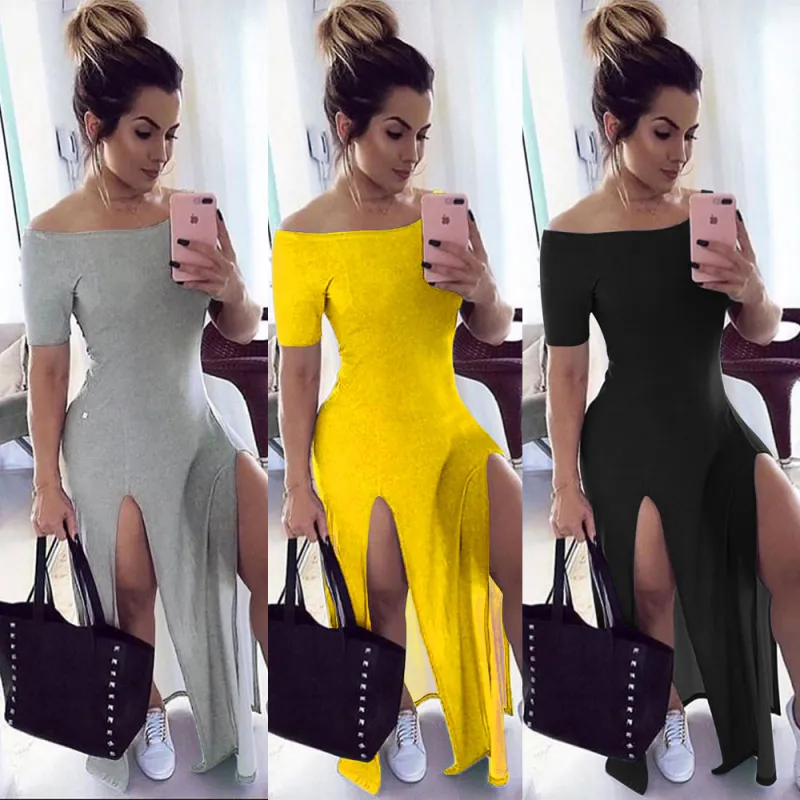 S-XXL Women Solid Color Off-Shoulder Split Maxi Dress