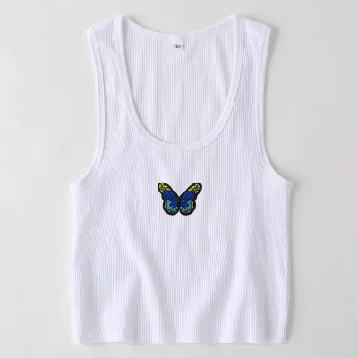 S-L Women Casual Rib-knit Butterfly Print Cropped Tank Top