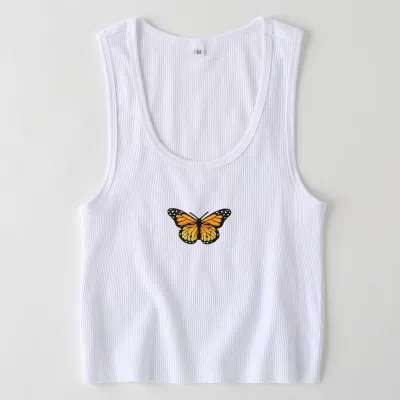S-L Women Casual Rib-knit Butterfly Print Cropped Tank Top