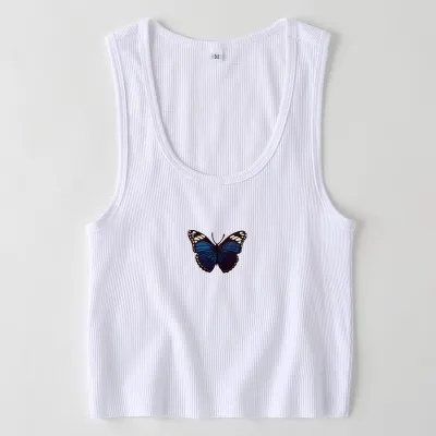 S-L Women Casual Rib-knit Butterfly Print Cropped Tank Top