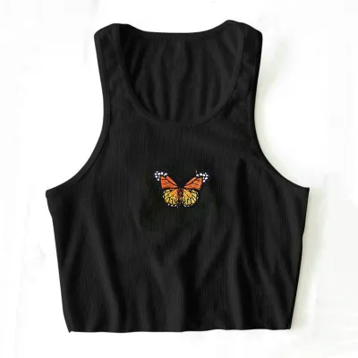 S-L Women Casual Rib-knit Butterfly Print Cropped Tank Top