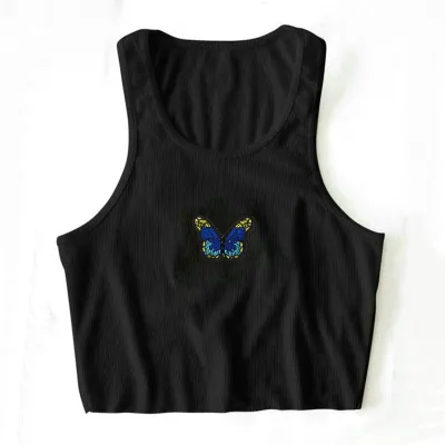 S-L Women Casual Rib-knit Butterfly Print Cropped Tank Top