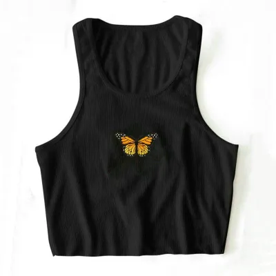 S-L Women Casual Rib-knit Butterfly Print Cropped Tank Top