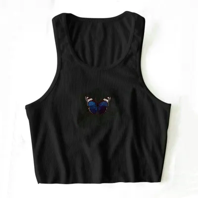 S-L Women Casual Rib-knit Butterfly Print Cropped Tank Top