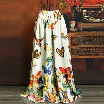 S-3XL Women Elegant Butterfly Printed Large Hem Summer Skirt