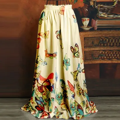 S-3XL Women Elegant Butterfly Printed Large Hem Summer Skirt