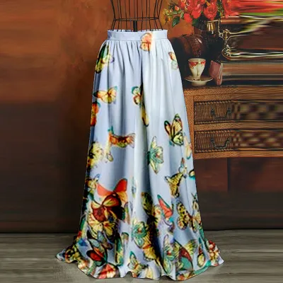 S-3XL Women Elegant Butterfly Printed Large Hem Summer Skirt