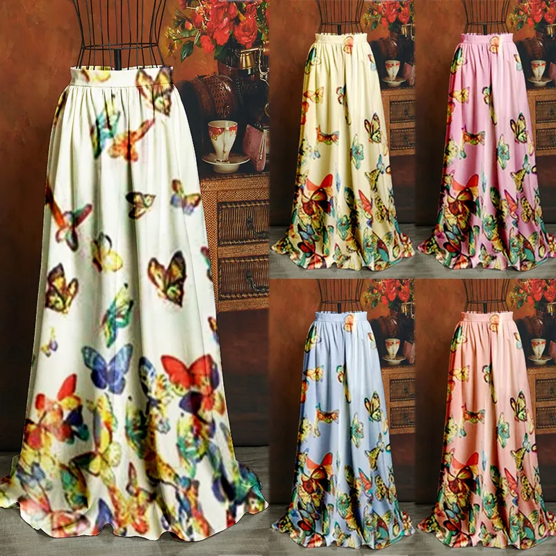 S-3XL Women Elegant Butterfly Printed Large Hem Summer Skirt