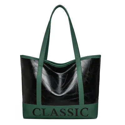 Women's Casual Letter Print Block Color PU Leather Shoulder Tote Bag with Zipper Closure