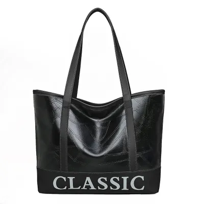 Women's Casual Letter Print Block Color PU Leather Shoulder Tote Bag with Zipper Closure