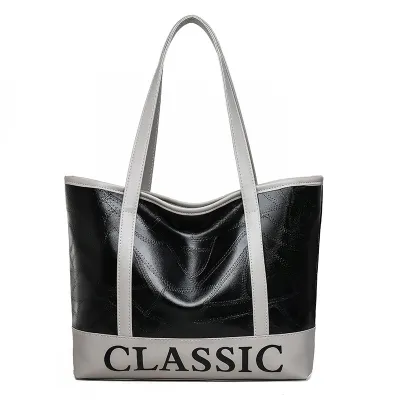 Women's Casual Letter Print Block Color PU Leather Shoulder Tote Bag with Zipper Closure