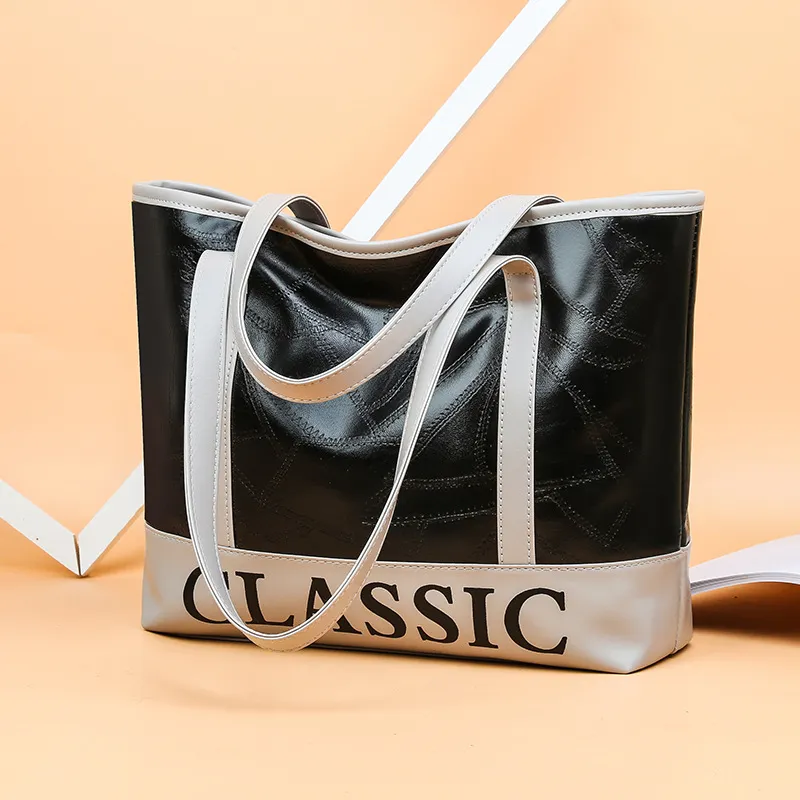 Women's Casual Letter Print Block Color PU Leather Shoulder Tote Bag with Zipper Closure